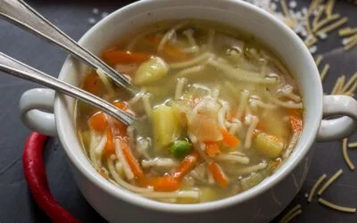 Julienne Vegetable Soup With Turmeric and Fake Egg Noodles Healthy Light and Satisfying Recipe